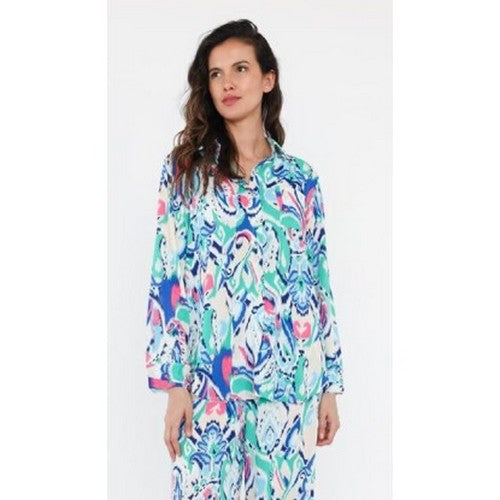 7187 Filagree Abstract  Print Oversize Shirt in Blue