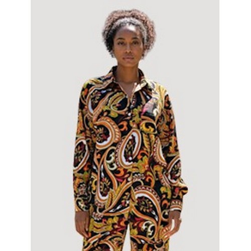 Paisley Print Gold Bultton Oversize Shirt in Black