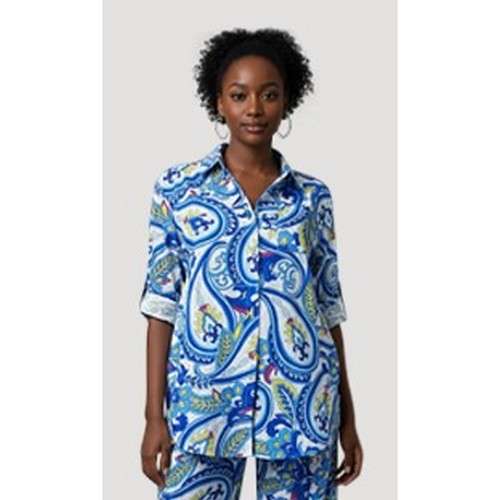 Paisley Print Gold Bultton Oversize Shirt in Blue