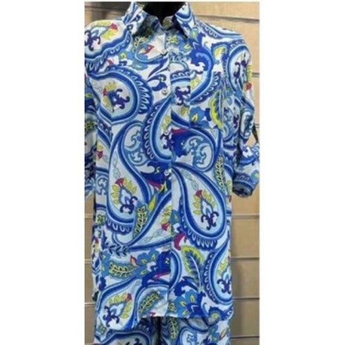 7186 Paisley Print Gold Bultton Oversize Shirt in Blue