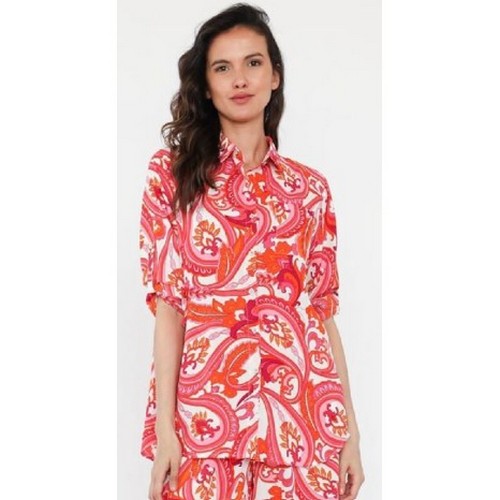 7186 Paisley Print Gold Bultton Oversize Shirt in Pink