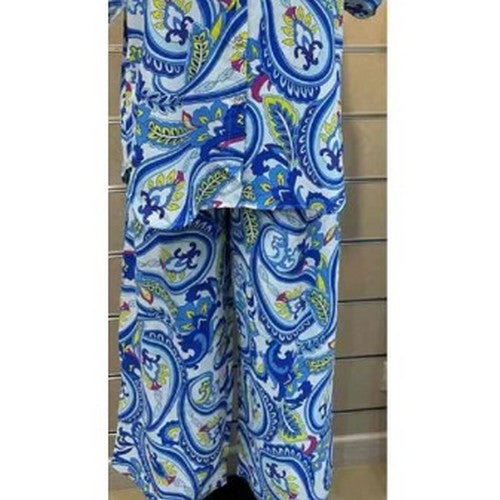 7186 Paisley Print Wide Leg Pants in Blue