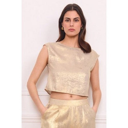 9403  Metallic Short Sleeve Blouse  in Pale Gold
