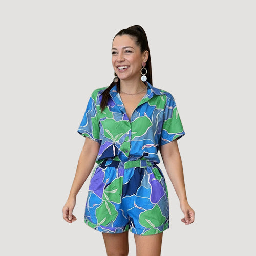 Satin Abstract Floral Print Shirt in Blue & Green