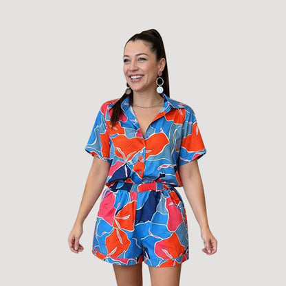 Satin Abstract Floral Print Shirt in Blue & Red