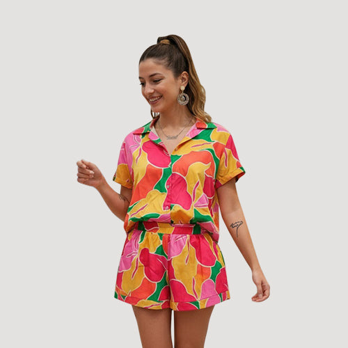 Satin Abstract Floral Print Shirt in Pink