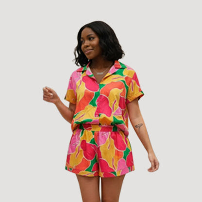 Satin Abstract Floral Print Shirt in Pink