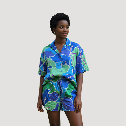Satin Abstract Floral Print Shirt in Blue & Green