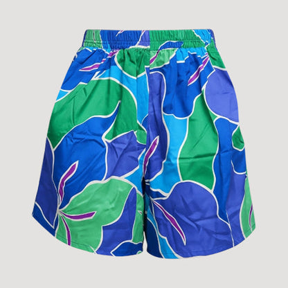 XH2863 Satin Abstract Floral Print Shorts in Blue & Green