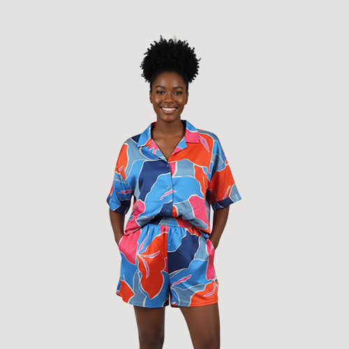 Satin Abstract Floral Print Short Set in Blue & Red