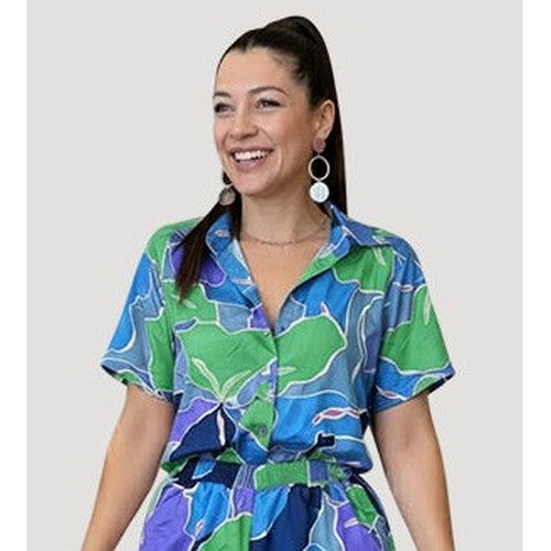 Satin Abstract Floral Print Shirt in Blue & Green