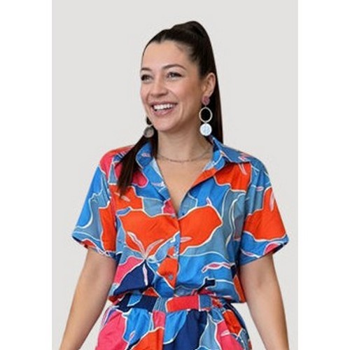 Satin Abstract Floral Print Shirt in Blue & Red