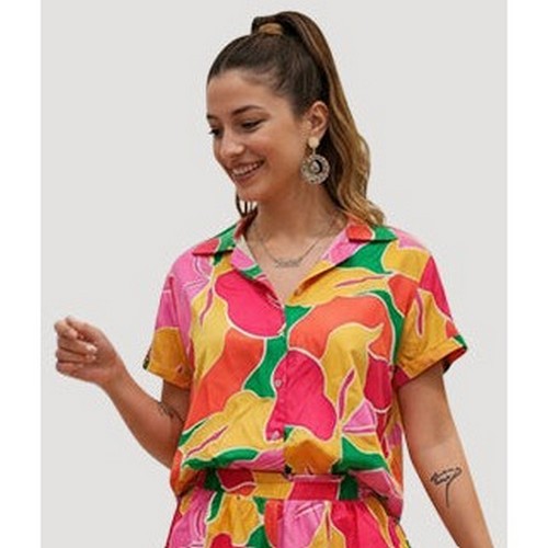 Satin Abstract Floral Print Shirt in Pink