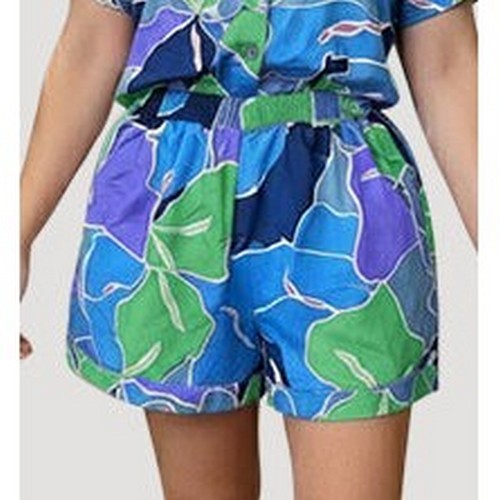 Satin Abstract Floral Print Shorts in Blue & Green