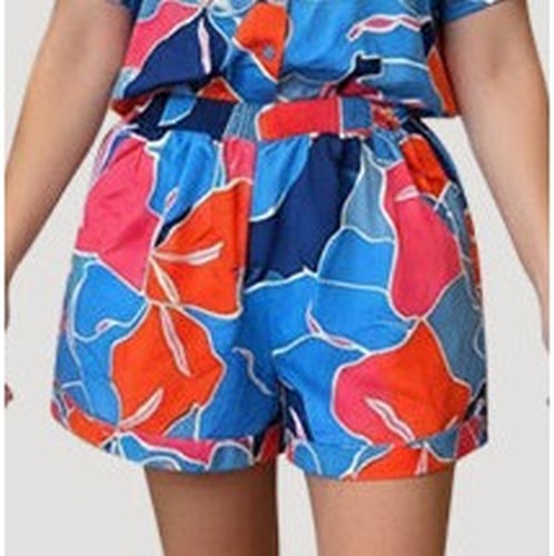 Satin Abstract Floral Print Shorts in Blue & Red