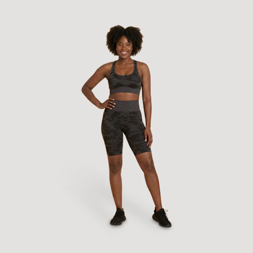Seamless Bra Top & Biker Short Set in Charcoal Camo