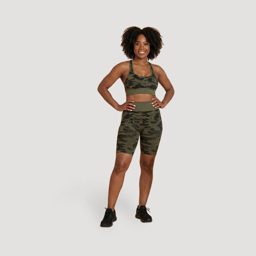Seamless Bra Top & Biker Short Set in Green Camo