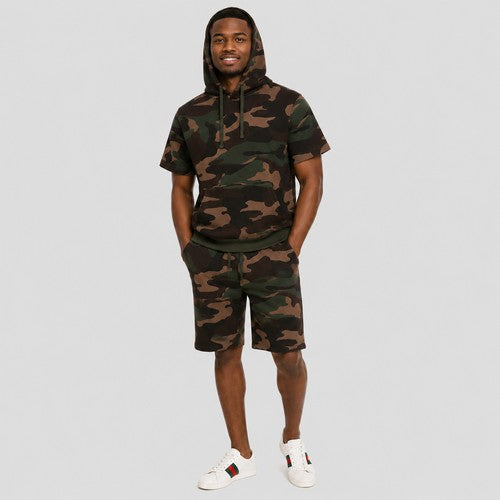 Lux Cotton Hoodie Tee & Jogger Short Set in Camo Green