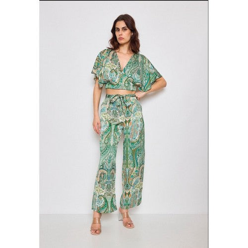 Satin Paisley Top & Pant Set in Green