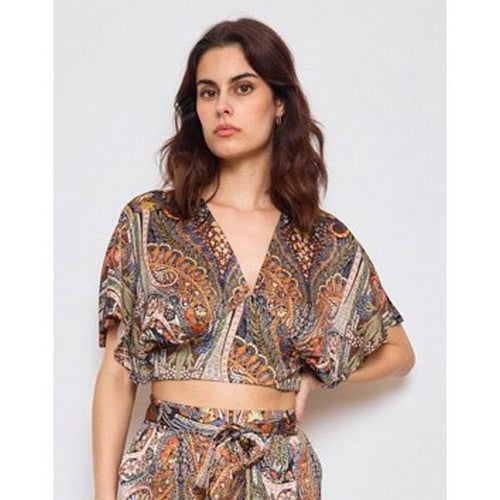 9401-5 Satin Paisley Drop Sleeve Top in Black