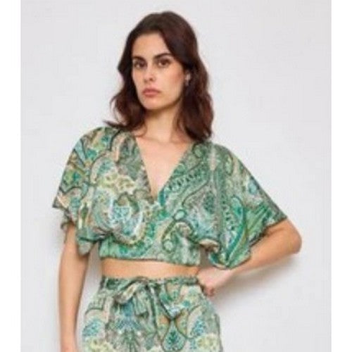 9401-6 Satin Paisley Drop Sleeve Top in Green
