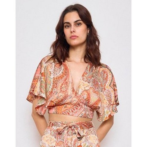 9401-7 Satin Paisley Drop Sleeve Top in Pink