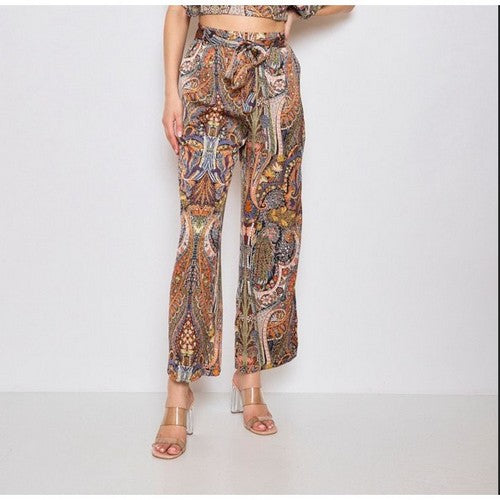9401-5 Satin Paisley Beited Wide Leg Pants in Black