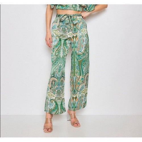 9401-6 Satin Paisley Beited Wide Leg Pants in Green
