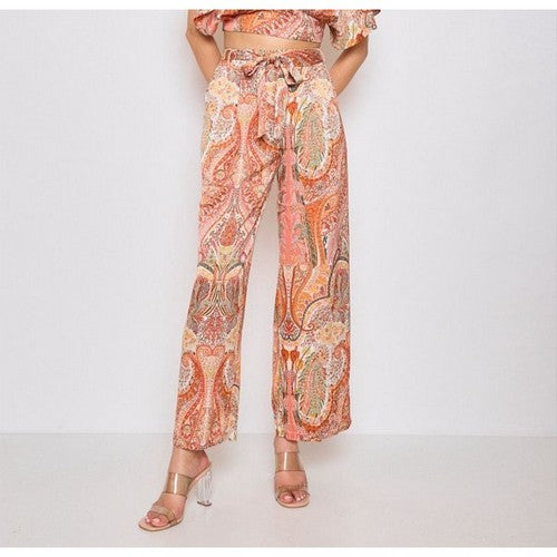 9401-7 Satin Paisley Beited Wide Leg Pants in Pink
