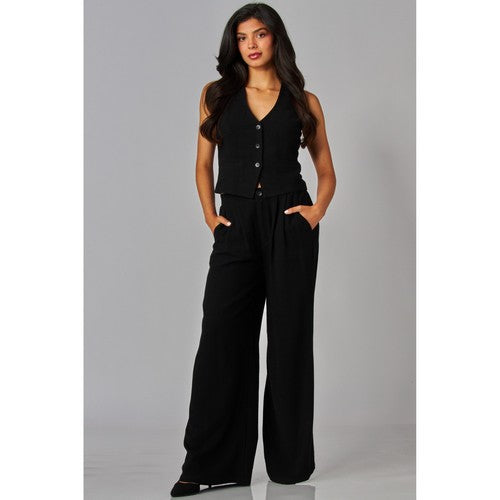 Linen High-Waisted Wide-Leg Pants in Black