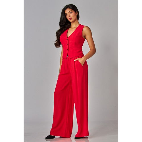 Linen High-Waisted Wide-Leg Pants in Poppy Red