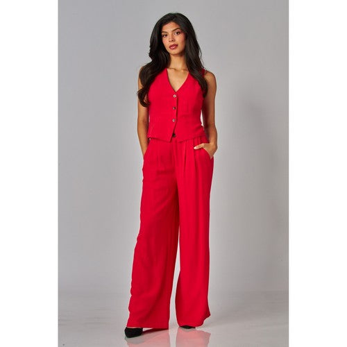 Linen High-Waisted Wide-Leg Pants in Poppy Red