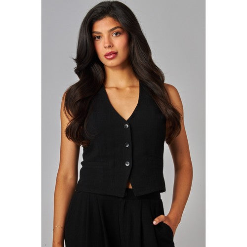 LAUREN-08T Linen Waistcoat in Black