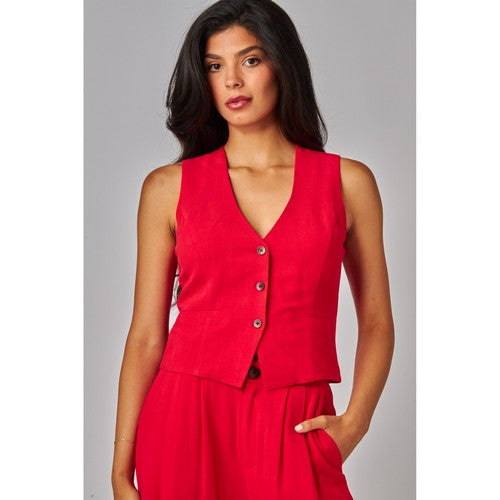 LAUREN-08T Linen Waistcoat in Poppy Red
