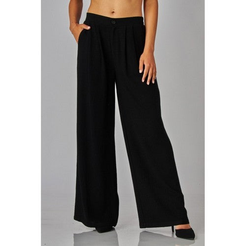 LAUREN-07 Linen High-Waisted Wide-Leg Pants in Black