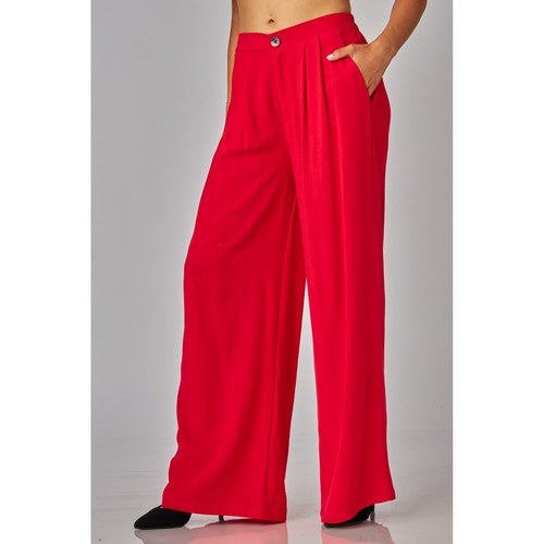 LAUREN-07 Linen High-Waisted Wide-Leg Pants in Poppy Red