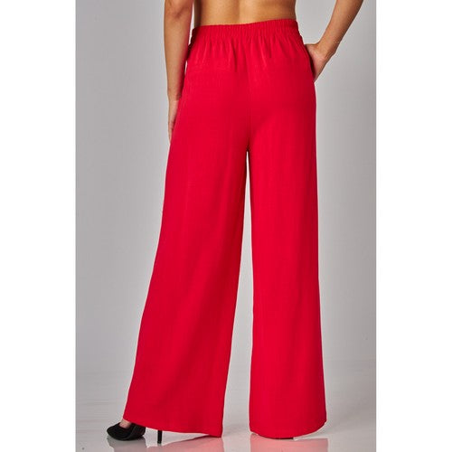 Linen High-Waisted Wide-Leg Pants in Poppy Red