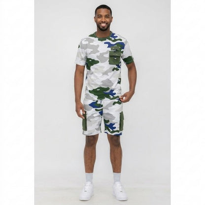 Camo Cargo Pocket Short Set in White