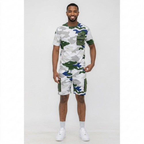Camo Cargo Pocket Short Set in White