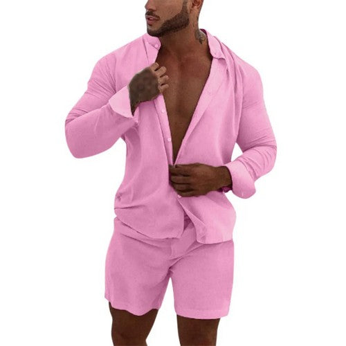 Linen-Look Shirt & Shorts Set in Pink
