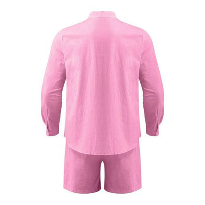 Linen-Look Collarless Shirt in Pink