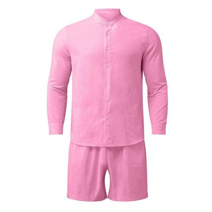 Linen-Look Collarless Shirt in Pink