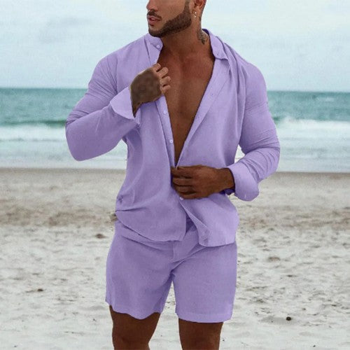 Linen-Look Shirt & Shorts Set in Lavender