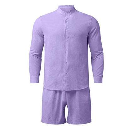 Linen-Look Collarless Shirt in Lavender