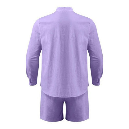 Linen-Look Collarless Shirt in Lavender