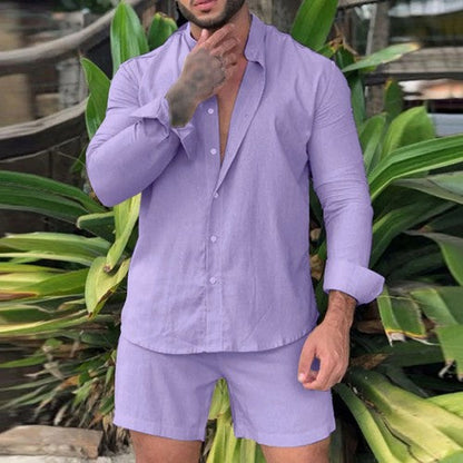 Linen-Look Shirt & Shorts Set in Lavender