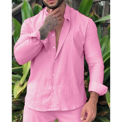 T1035D0AB9 Linen Collarless Shirt in Pink