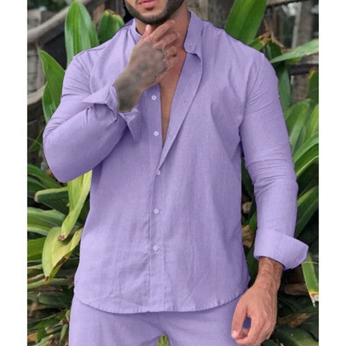 T1035D0AB9 Linen Collarless Shirt in Purple