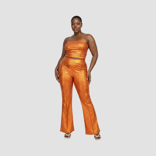 Metallic Snake Print Pleat Crop Top & Flare Pant Set in Rust