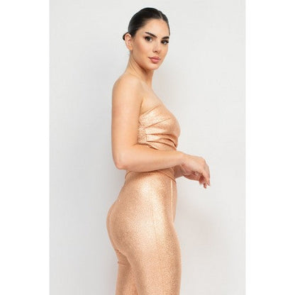 Metallic Snake Print Pleat Crop Top in Champagne Gold